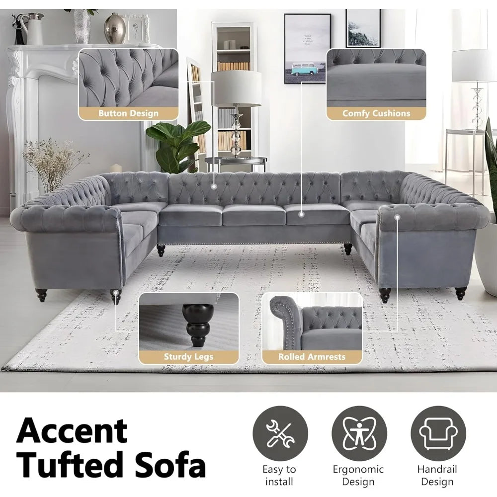 U Shaped Velvet Chesterfield Sofa 9 Seater with Rolled Armrest