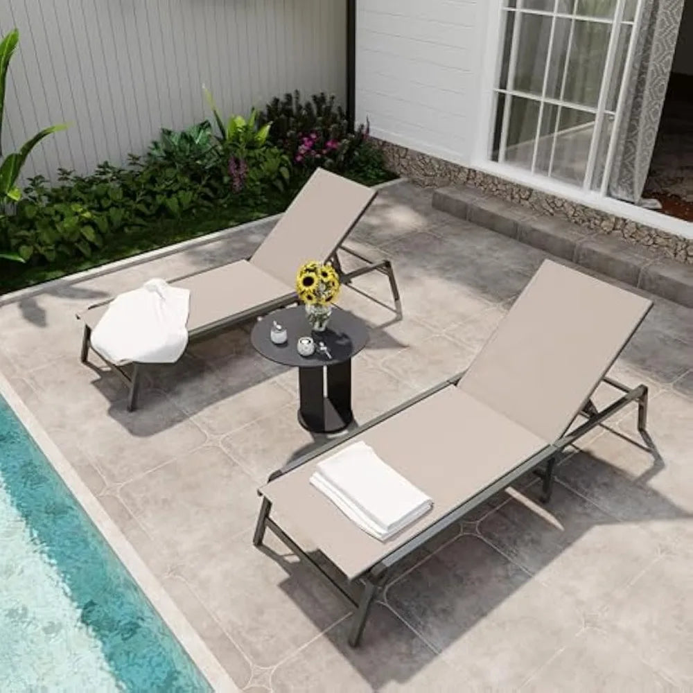 Chaise Lounge Chair Set of 2 with Adjustable Backrest in Khaki