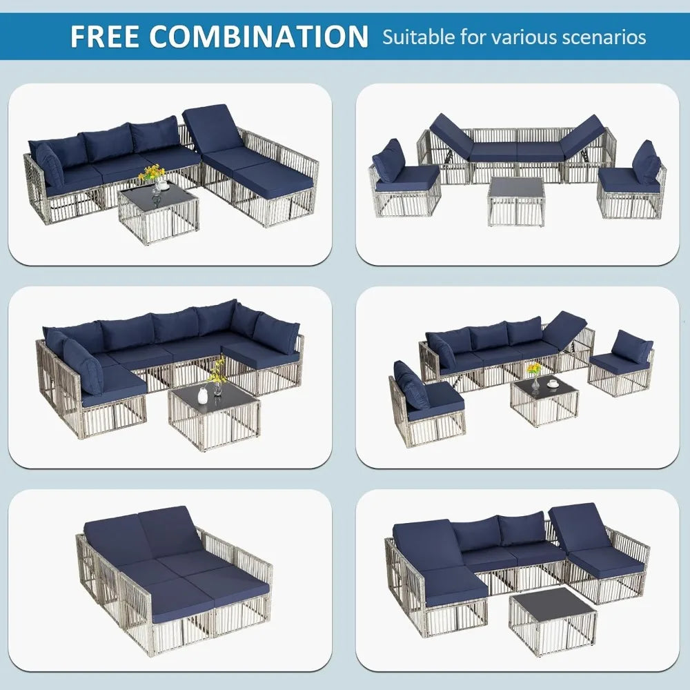 7 Piece Wicker Outdoor Patio Furniture Set with Blue Cushions