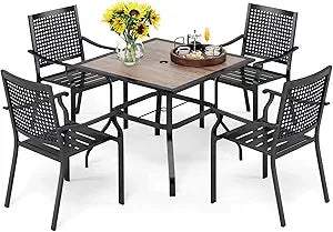 5 Piece Outdoor Dining Set for 4 with Stacking Wrought Iron Chairs
