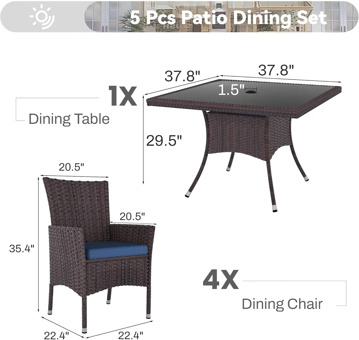 5 Piece Rattan Patio Dining Set with Cushions and Navy Blue Chairs