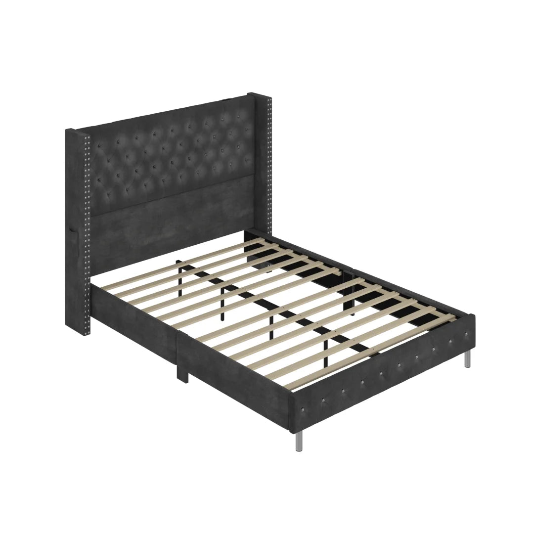 Queen Size Upholstered Bed Frame with Wingback Headboard and LED