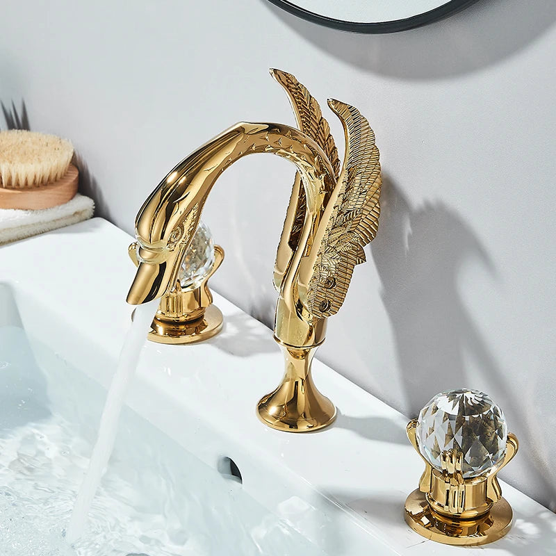 Wanmivezlo Gold Swan Basin Faucet with Dual Crystal Handles