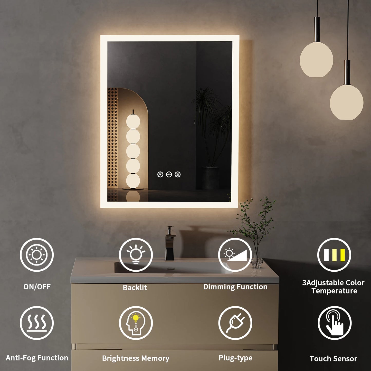 LED Lighted Anti-Fog Bathroom Mirror with Smart Touch 16x20 Inch