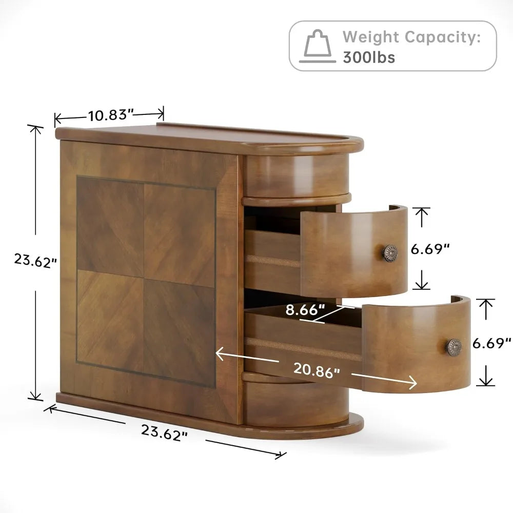 Wood End Table with Drawers Modern Slim Nightstand for Living Room