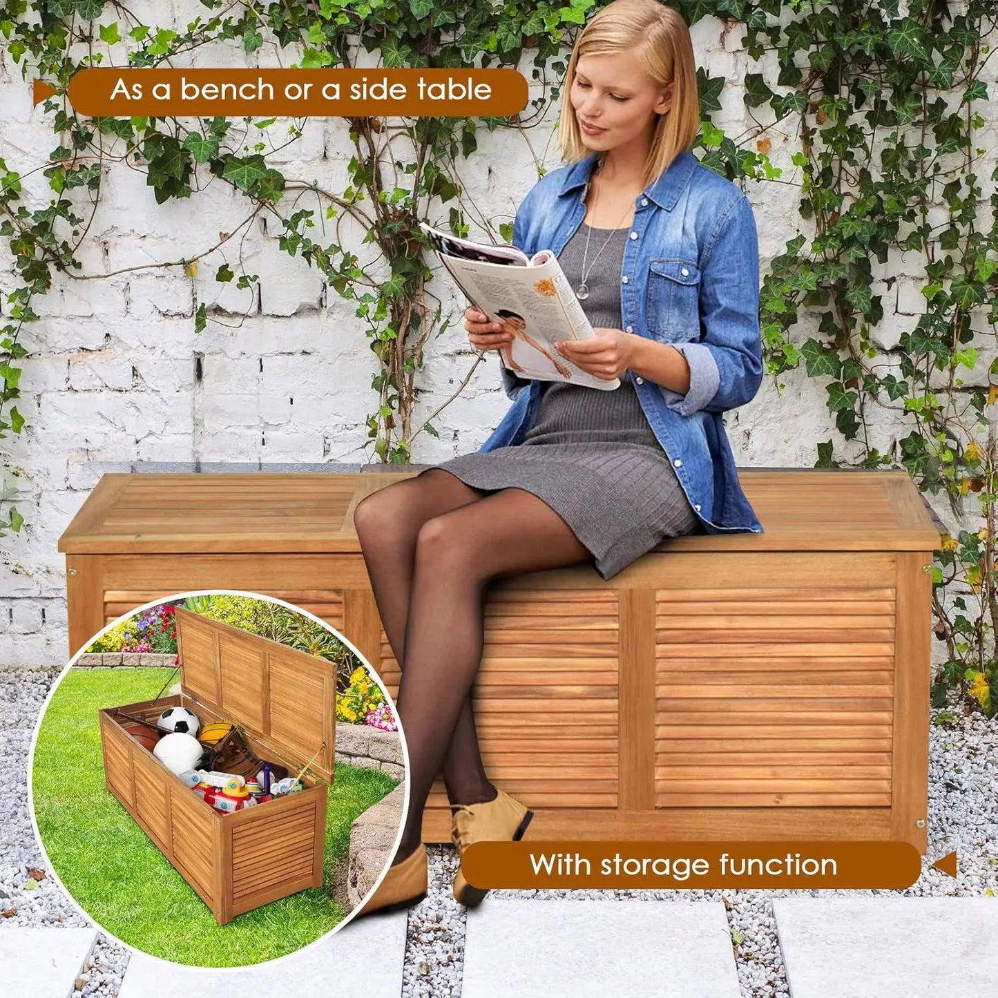 Acacia Wood Deck Box 46 Gallon Outdoor Storage Bench Teak Finish