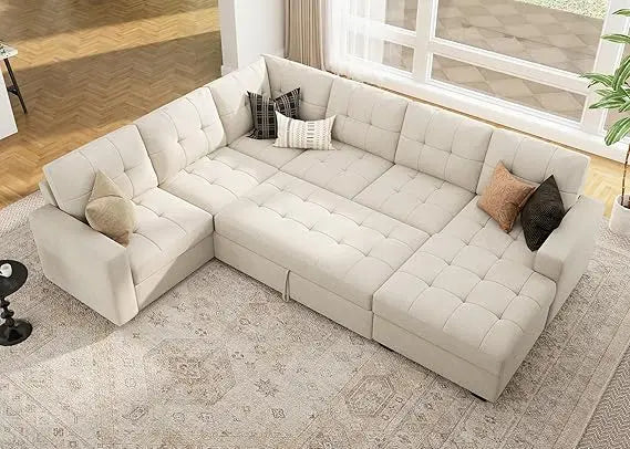 Beige U Shaped Sleeper Sectional Sofa With Storage Chaise
