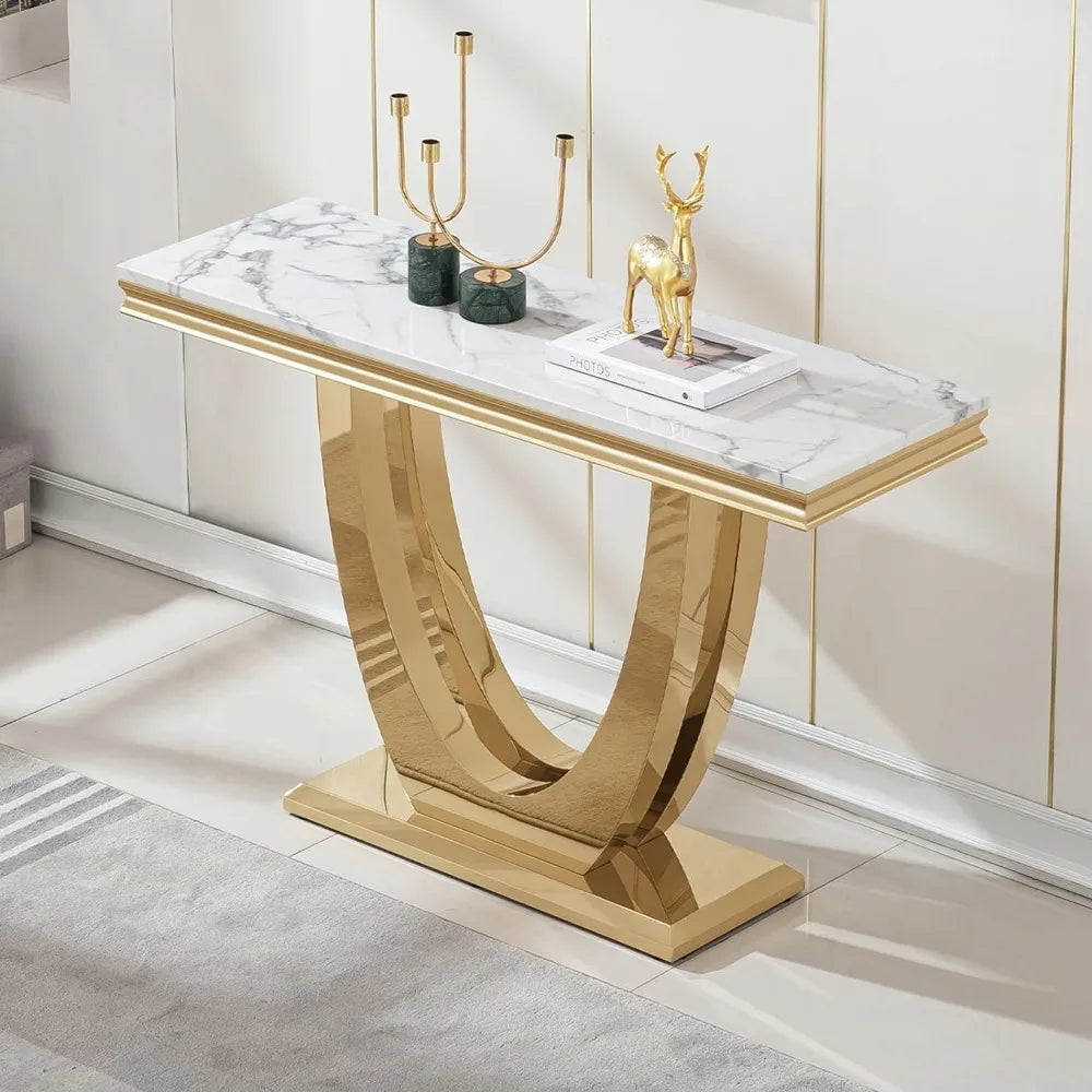 White Marble Console Table with Stainless Steel Base for Living Room