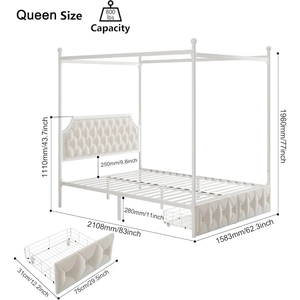 Keyluv Queen Upholstered Canopy Bed Frame with Storage Drawers