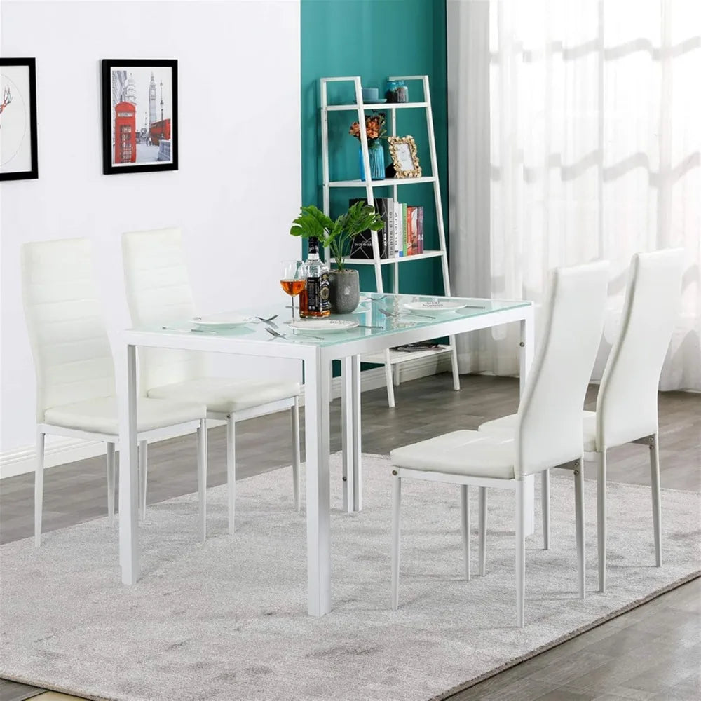 White Leather Dining Chair Set of 6 with Curved Back Support
