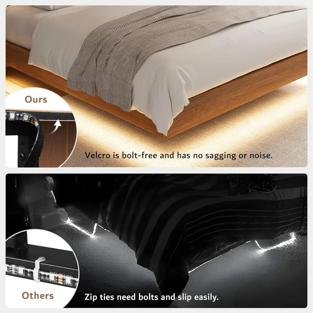 Floating King Size Metal Bed Frame with LED Lights and Storage