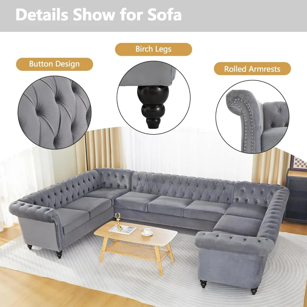 U Shaped Velvet Chesterfield Sofa 9 Seater with Rolled Armrest