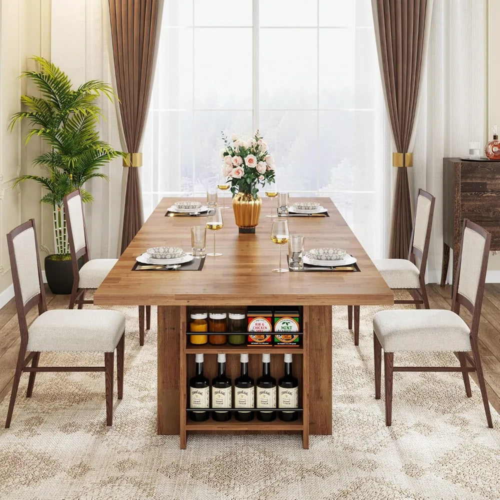 Farmhouse Dining Table for 6 to 8 with Storage and Shelves
