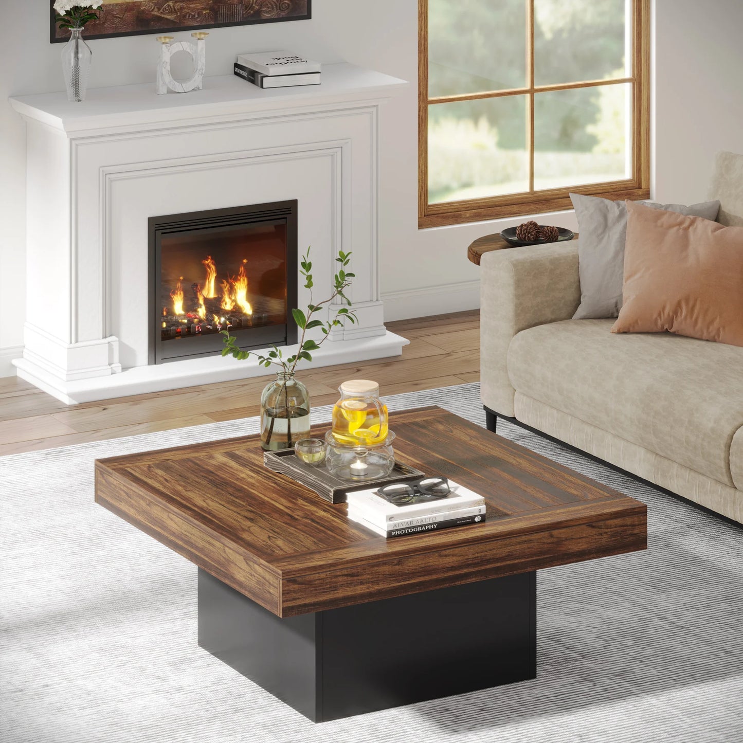 Tribesigns Square LED Coffee Table for Living Room Rustic Style