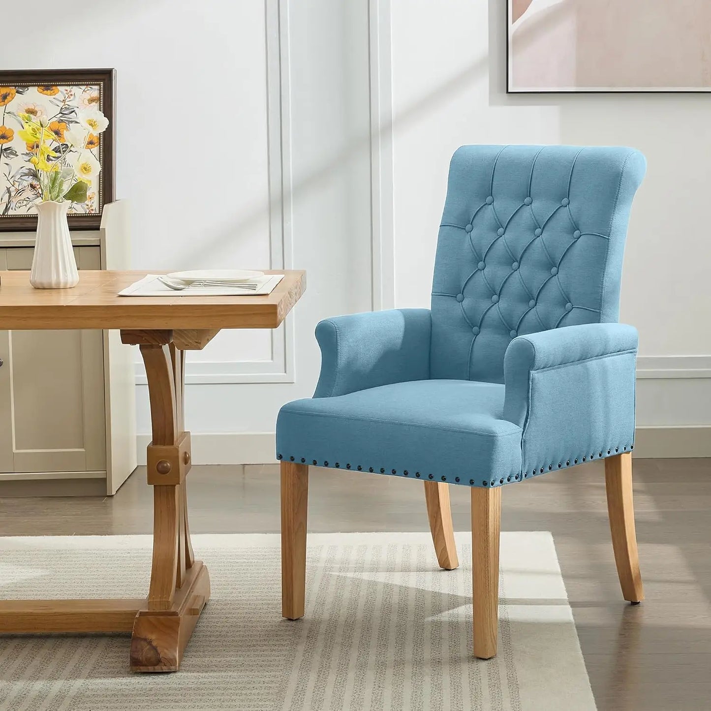 Upholstered Tufted Dining Chair with Arms and Solid Wood Legs