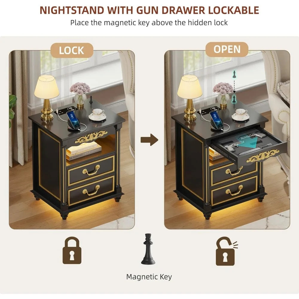Set of 2 Nightstands with Gun Drawer and USB Charging Ports