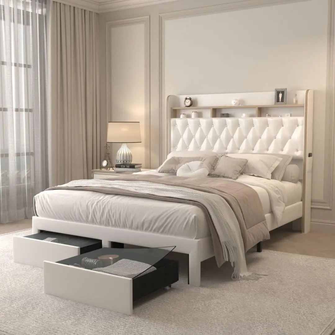 Queen LED Bed Frame with Storage and Star Projector