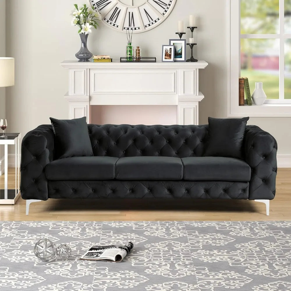Modern Black Velvet Couch with Deep Button Tufting and Solid Frame