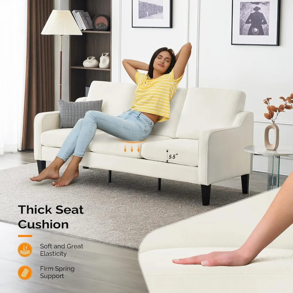 Comfy 71 Inch Mid Century Modern 3 Seater Sofa in Creamy White