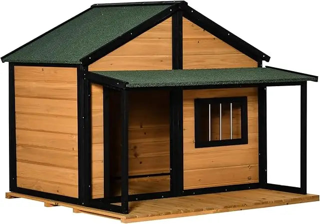 Wooden Raised Outdoor Dog House Cabin Style with Porch and Window