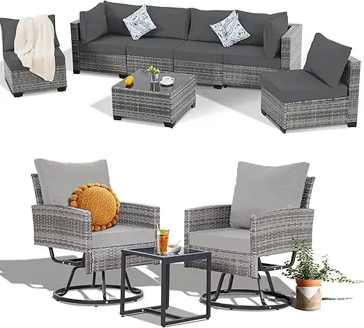 7 Piece Wicker Outdoor Patio Furniture Set with Blue Cushions
