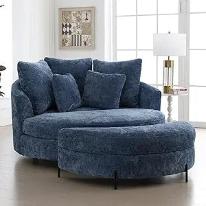Oversized Round Barrel Chair with Ottoman for Living Room