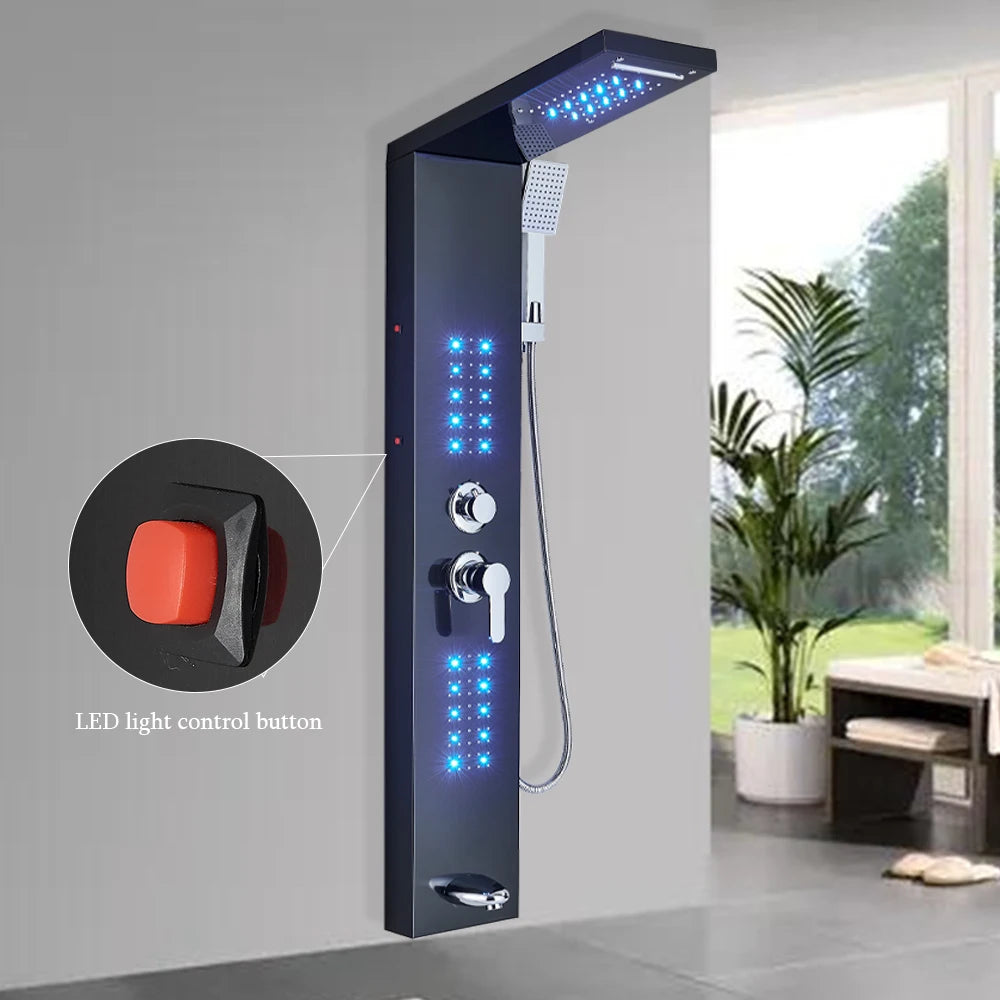LED Shower Panel Matte Black Rainfall System with Massage Jets
