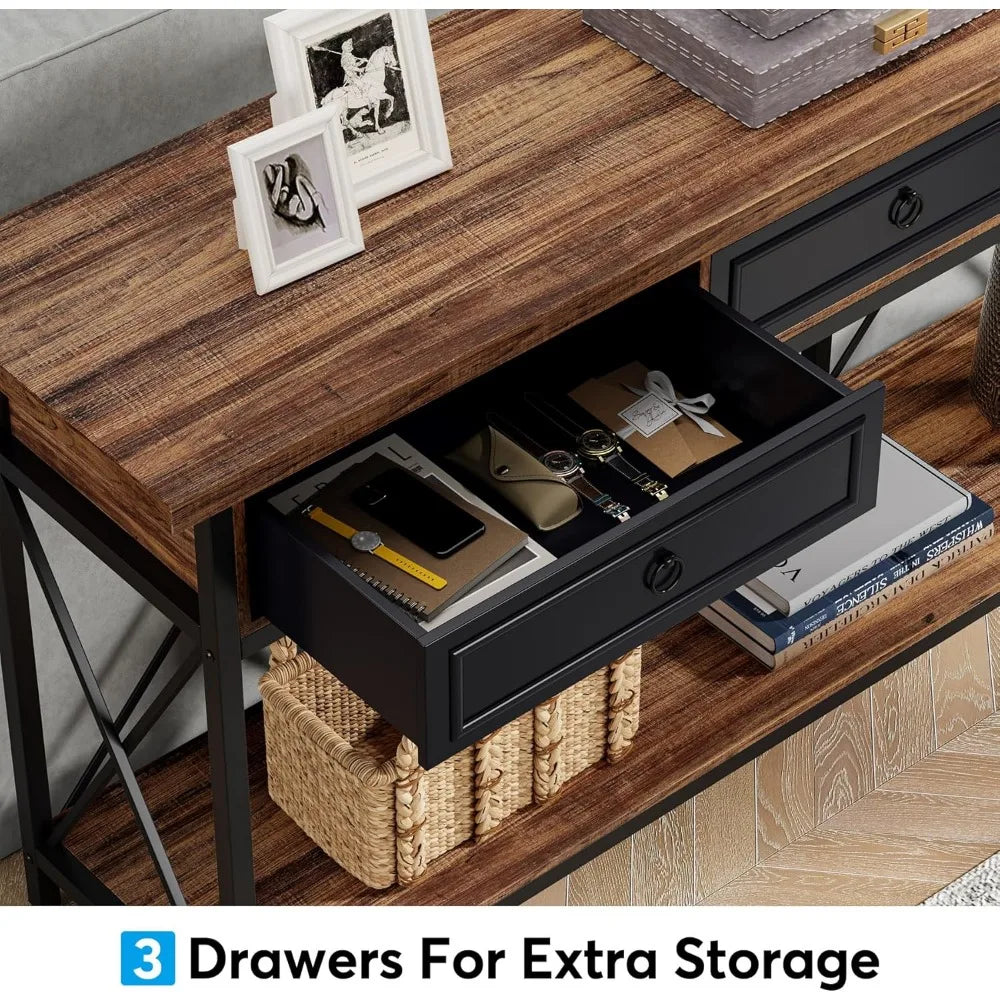 Extra Long Farmhouse Console Table with Storage Drawers