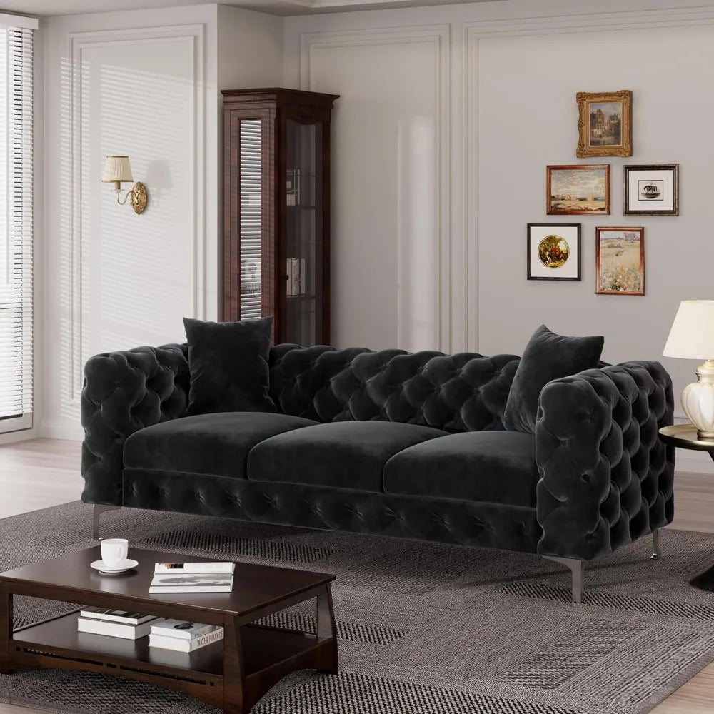 Modern Black Velvet Couch with Deep Button Tufting and Solid Frame