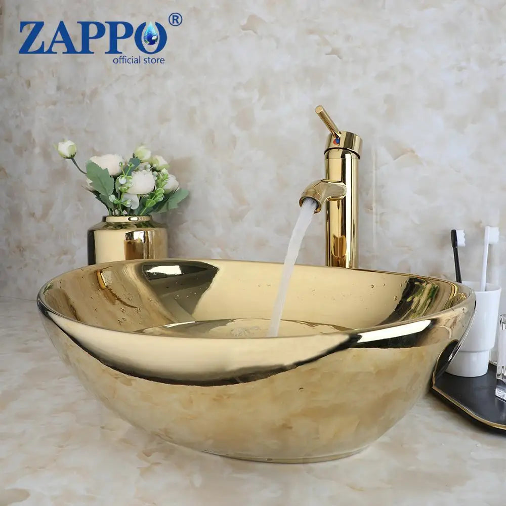 ZAPPO Luxury Gold Vessel Sink and Faucet Combo for Bathrooms