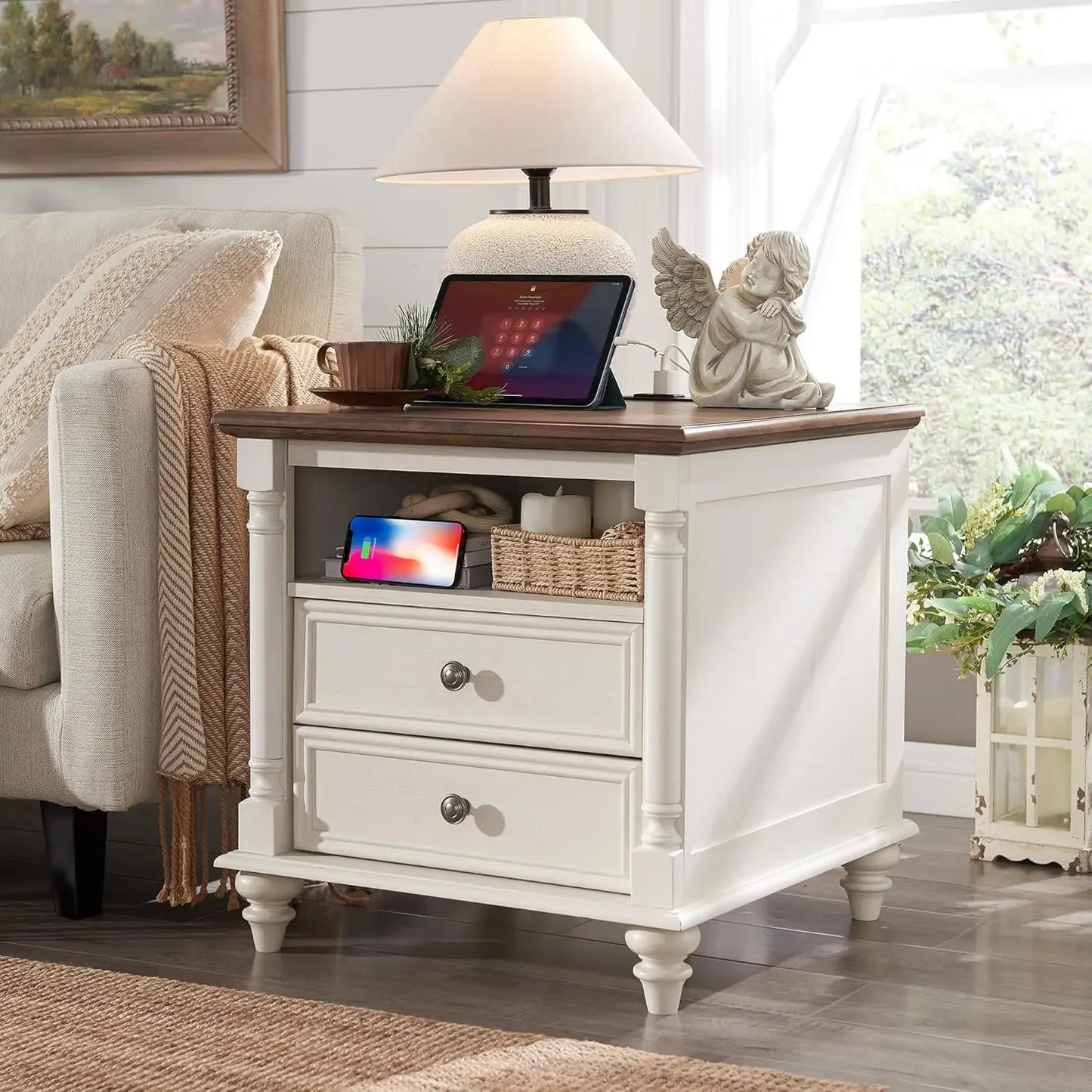 24 Inch Farmhouse End Table with Charging Station and Drawers