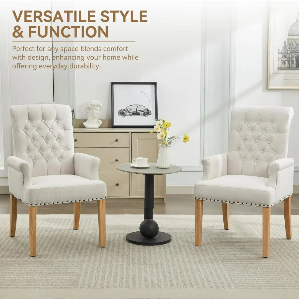 Upholstered Tufted Dining Chair with Arms and Solid Wood Legs