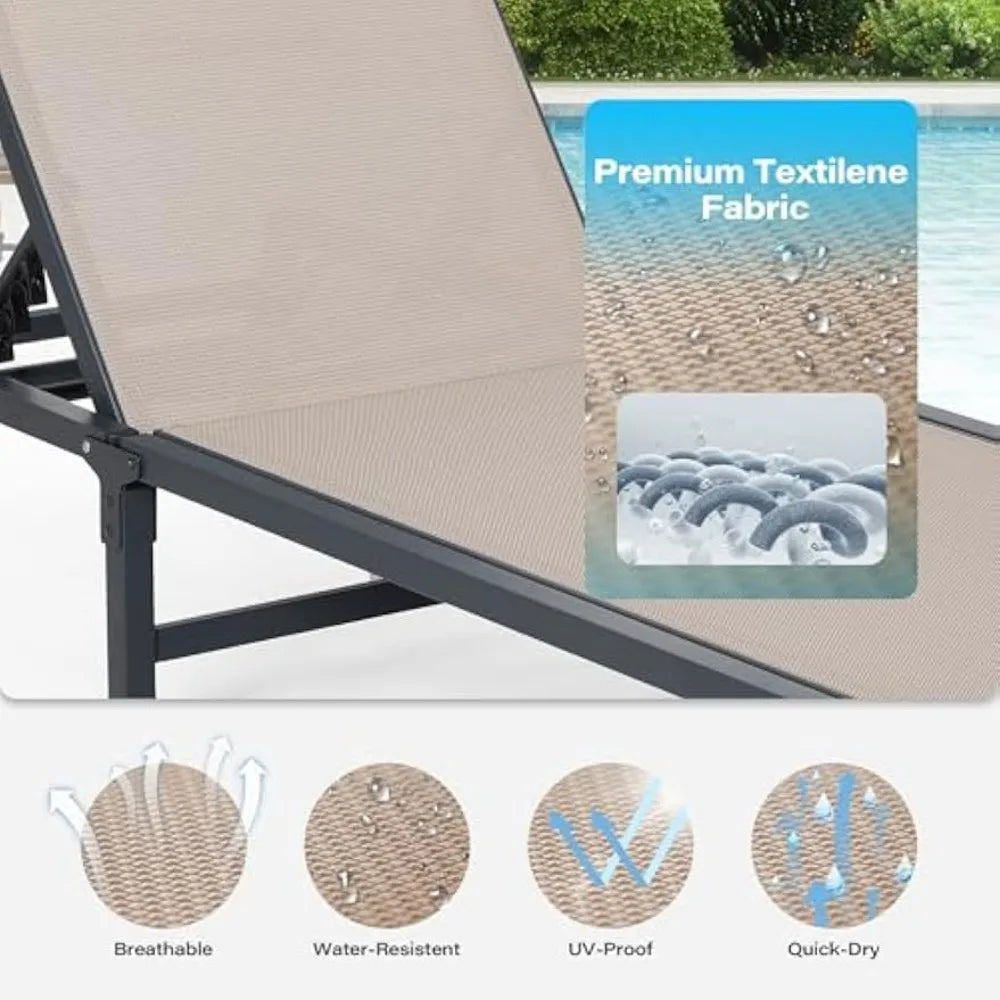 Chaise Lounge Chair Set of 2 with Adjustable Backrest in Khaki