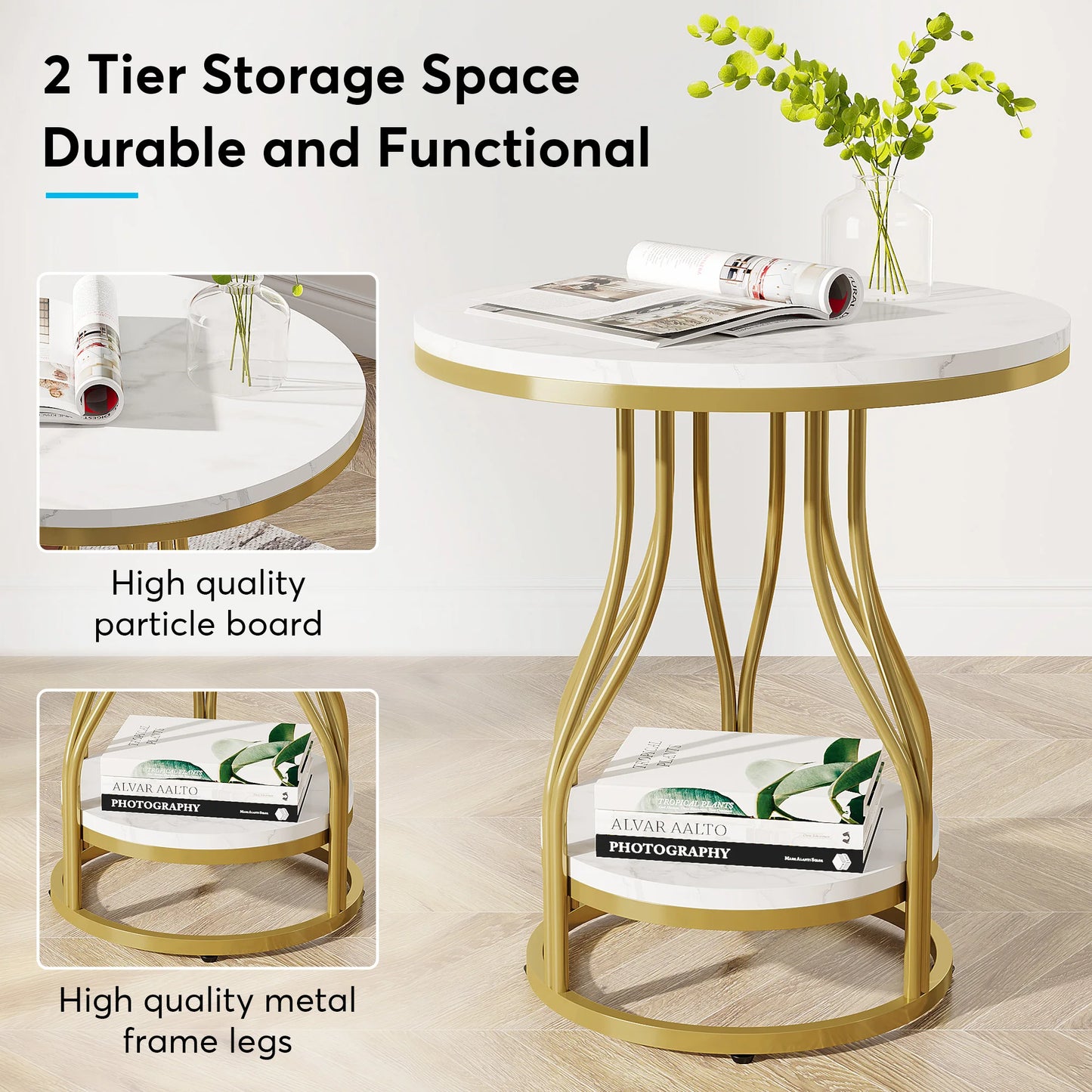 Tribesigns Modern White Gold Round Side Table with Storage