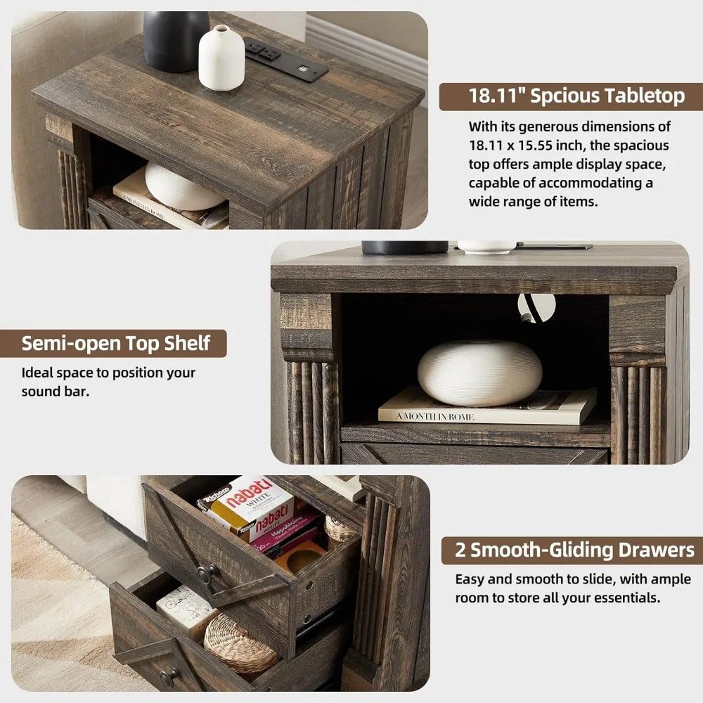 Rustic Nightstand with Charging Station and Barn Door Design