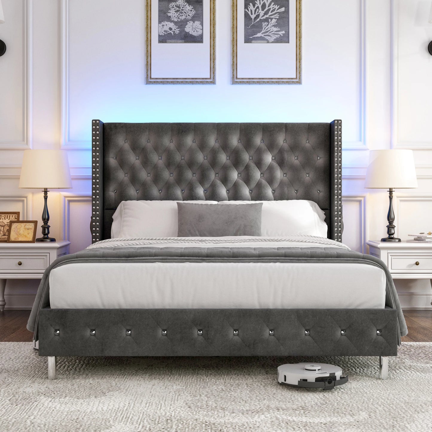 Queen Size Upholstered Bed Frame with Wingback Headboard and LED