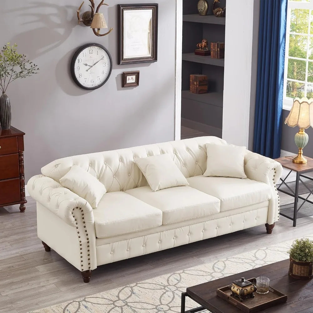 Tufted Leather Chesterfield Sofa with Storage and 3 Seats
