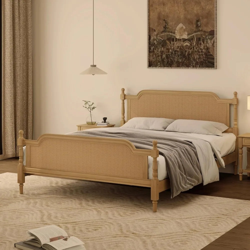 Traditional Rattan King Size Bed Frame Antique Walnut Finish