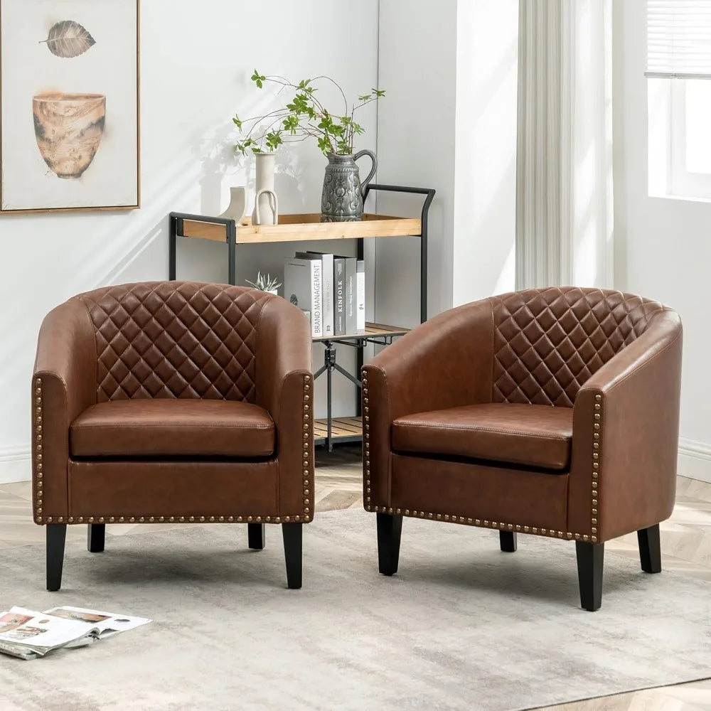 29 Inch Faux Leather Barrel Chairs Set of 2 Modern Accent Chairs