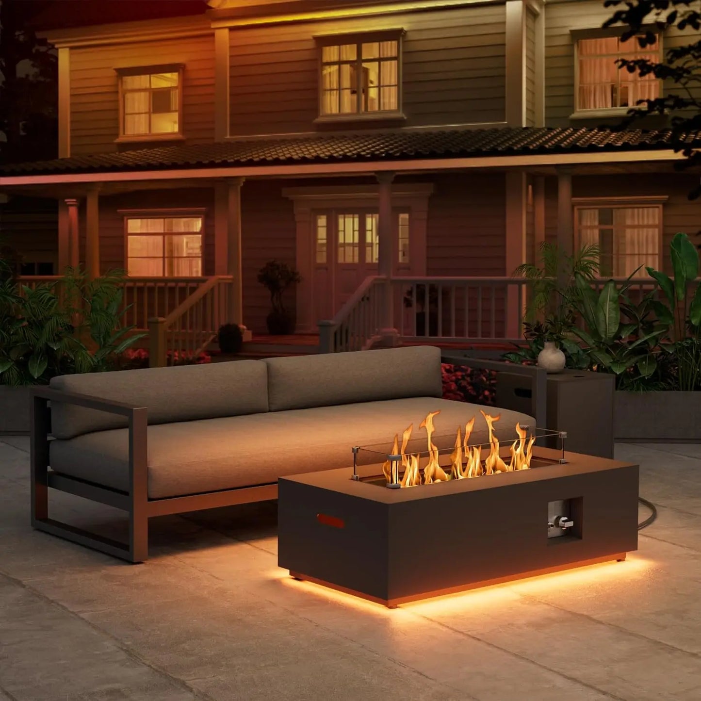 48 Inch Stone Look Propane Fire Pit Table with Lid and Rocks