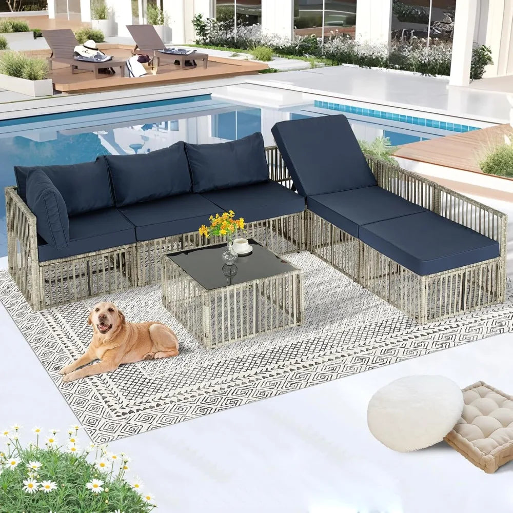 7 Piece Wicker Outdoor Patio Furniture Set with Blue Cushions