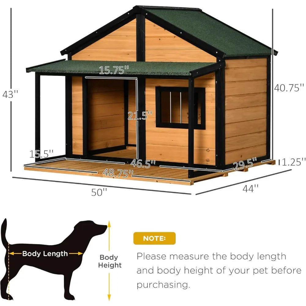 Wooden Raised Outdoor Dog House Cabin Style with Porch and Window