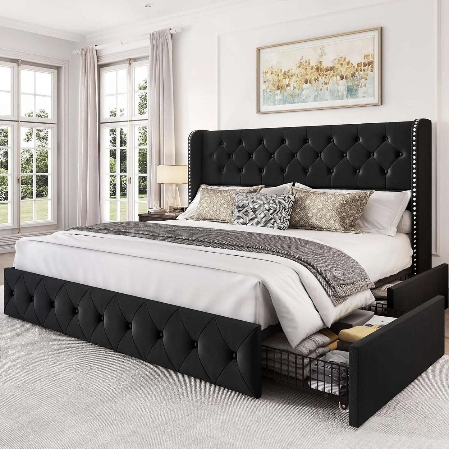 King Size Velvet Upholstered Bed Frame with Storage Drawers
