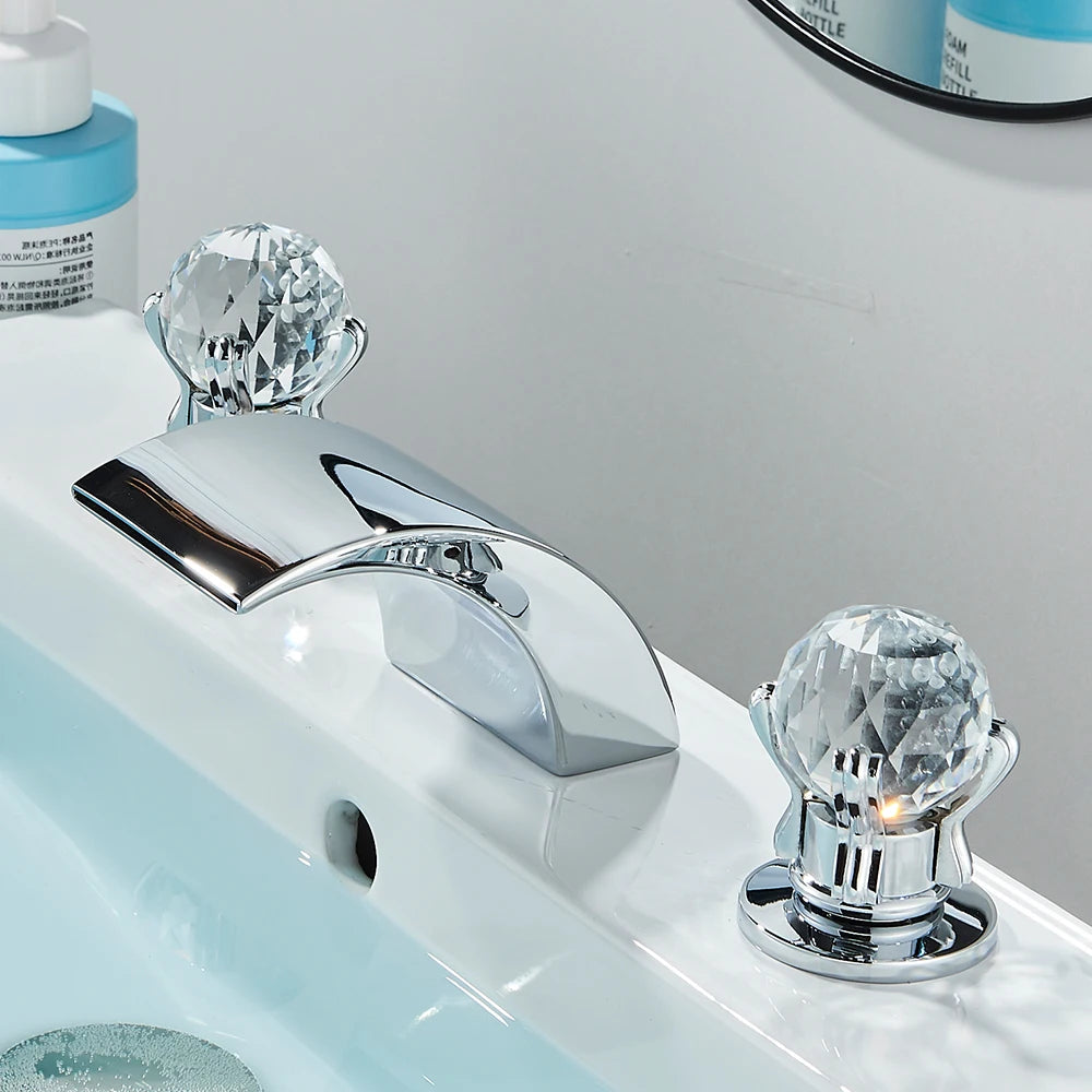 LED Widespread Bathroom Faucet Waterfall Gold Polished Design