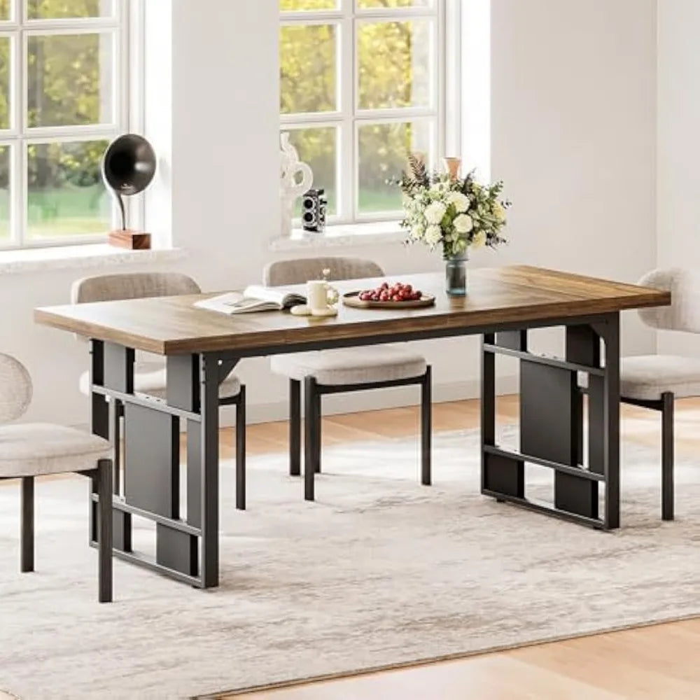 Rustic 71 Inch Large Dining Table for 6 with Metal Frame