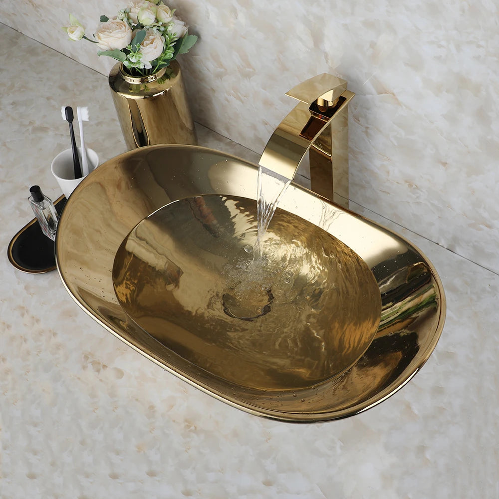 ZAPPO Luxury Gold Vessel Sink and Faucet Combo for Bathrooms