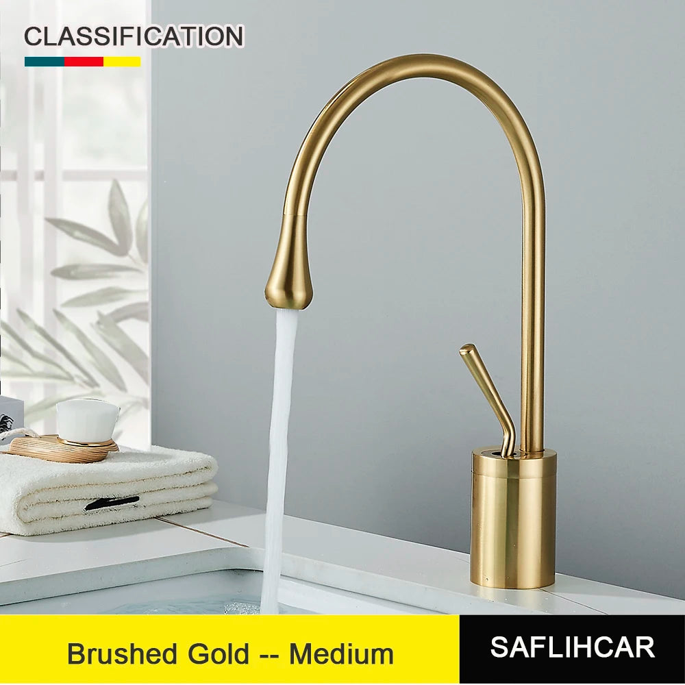 Brushed Gold Basin Faucet Deck Mounted Mixer for Bathroom Sink