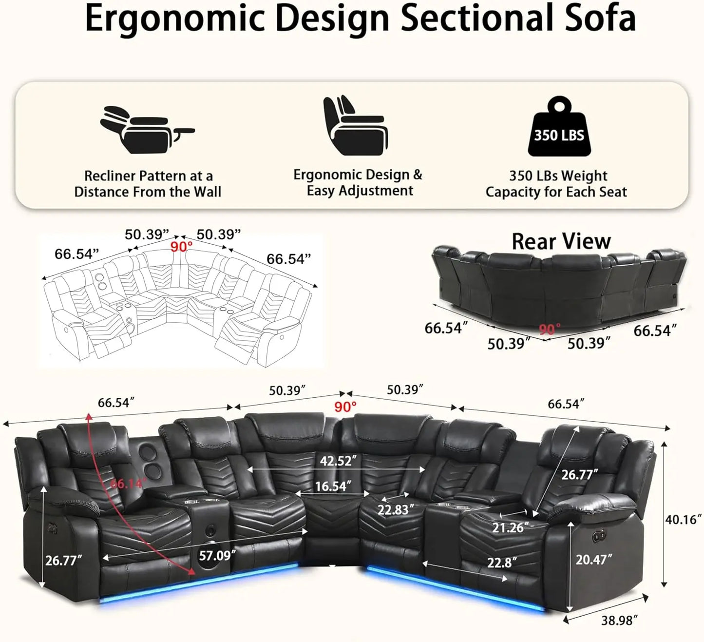 Power Couch Recliner Electric Leather Sofa with Bluetooth Speaker