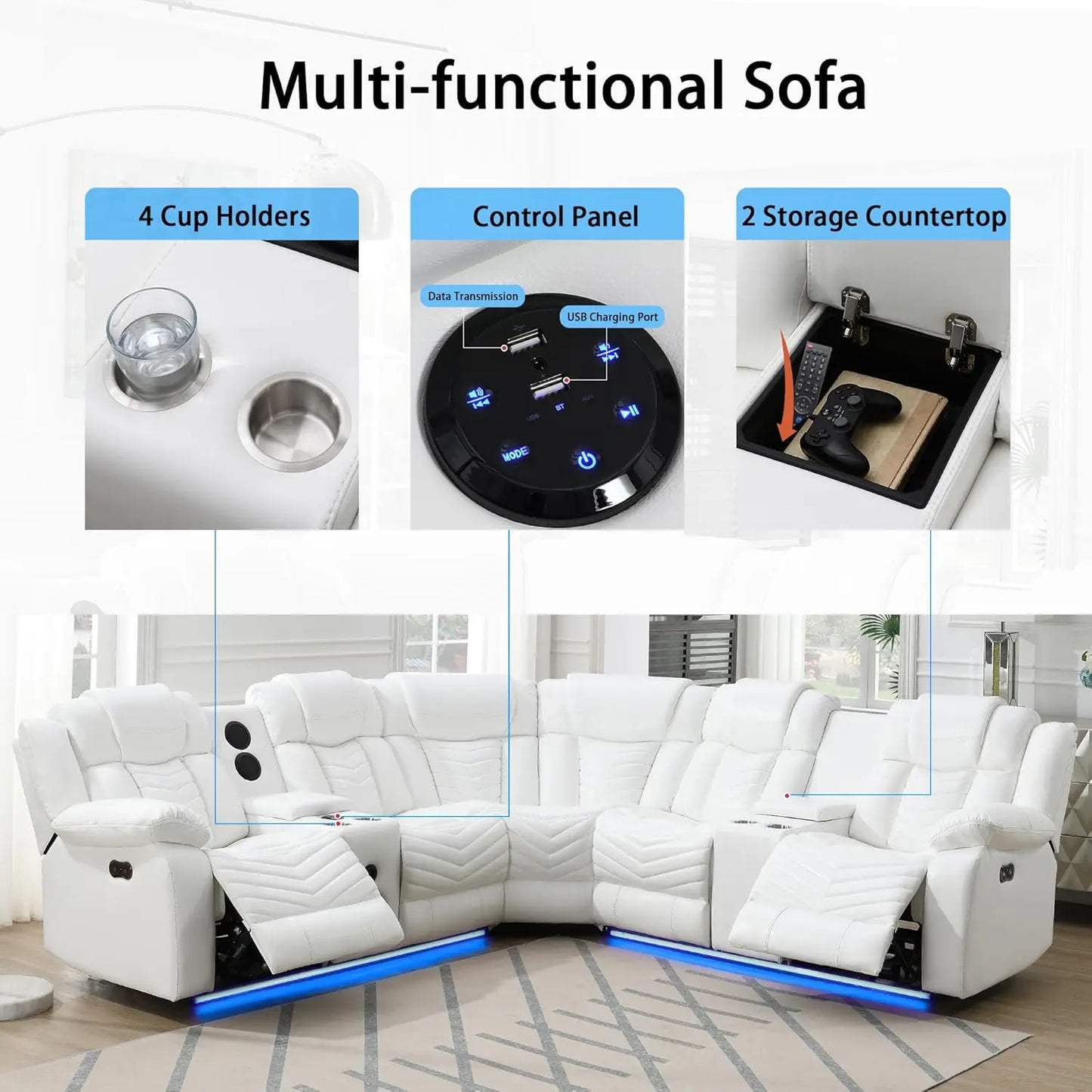 Power Couch Recliner Electric Leather Sofa with Bluetooth Speaker