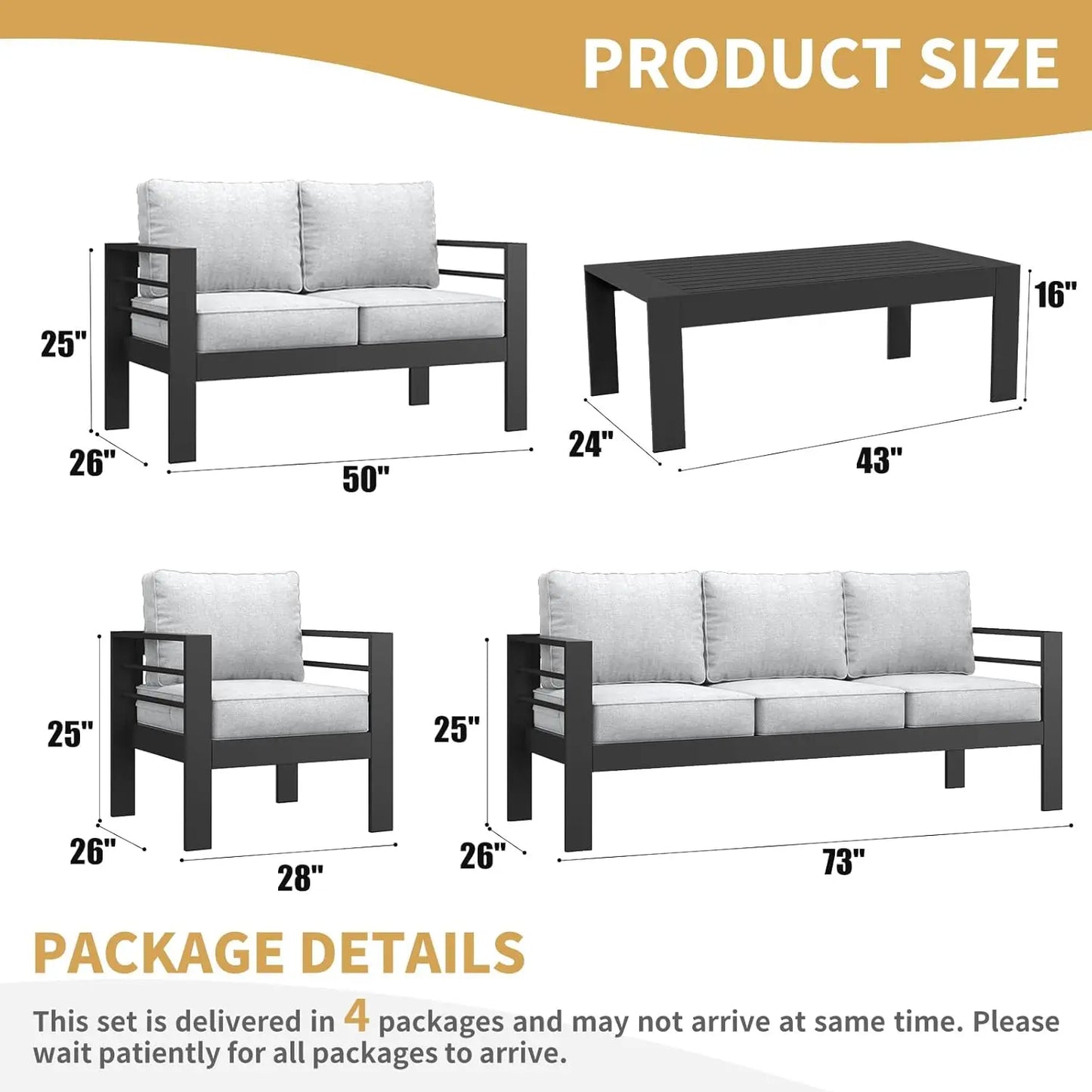 Modern 5 Piece Outdoor Aluminum Sectional Sofa Set with Table